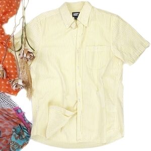 New Lands End Men's Seersucker Yellow White Striped Short Sleeve Shirt Sz M